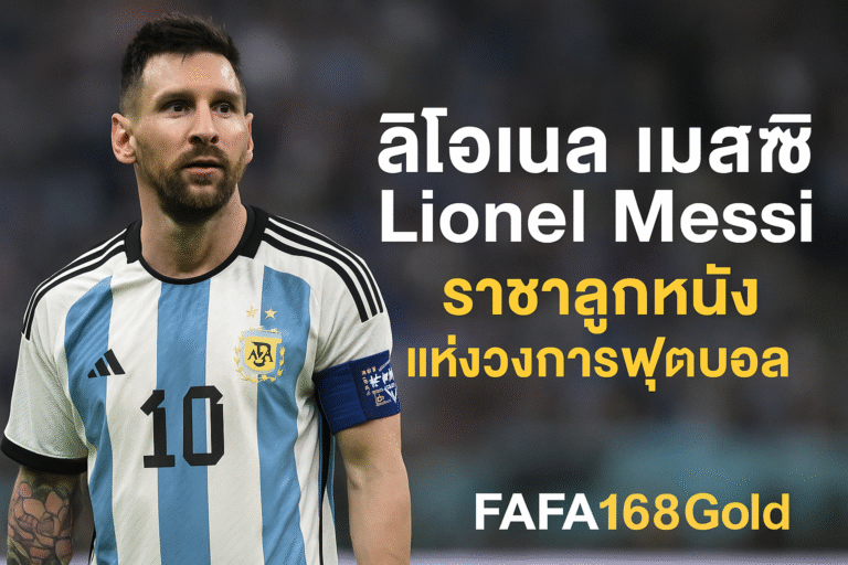 ลิโอเนล เมสซิ Lionel Messi ราชาลูกหนังแห่งโลกฟุตบอล ยืนในสนามพร้อมเสื้อทีมชาติอาร์เจนตินา ข้างข้อความ “ลิโอเนล เมสซิ ราชาลูกหนังแห่งวงการฟุตบอลโลก | FAFA168Gold