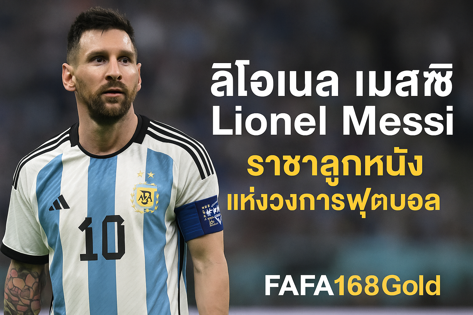 ลิโอเนล เมสซิ Lionel Messi ราชาลูกหนังแห่งโลกฟุตบอล ยืนในสนามพร้อมเสื้อทีมชาติอาร์เจนตินา ข้างข้อความ “ลิโอเนล เมสซิ ราชาลูกหนังแห่งวงการฟุตบอลโลก | FAFA168Gold